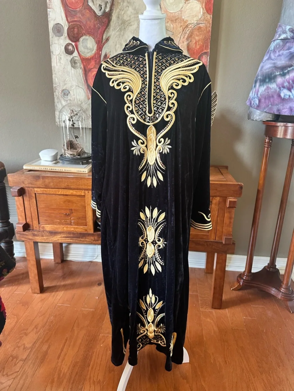 Noorhaan Velvet Kaftan Dress Black Gold Embroidered Boho Luxe XL